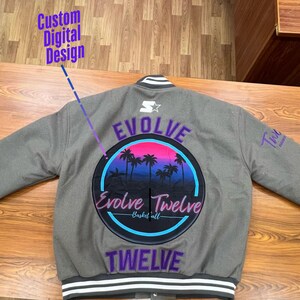 Chaqueta universitaria personalizada con impresión digital, chaqueta Letterman personalizada, chaqueta de béisbol unisex, chaqueta de equipo personalizada, regalo para él y para ella