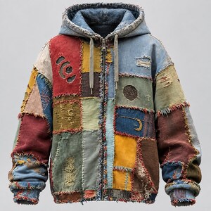 Jaqueta jeans patchwork multicolorida com capuz, estilo streetwear desgastado, vintage e casual.