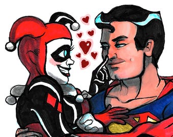 Harley Quinn and Superman Comics Superheroes Glossy Art Prints