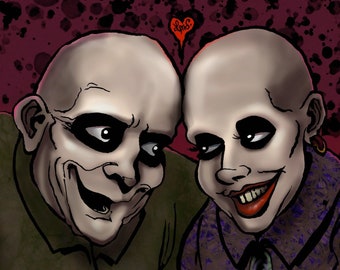 Ilustración digital impresa de arte de &quot;El tío Fétido y la demencia en el amor&quot; de la Familia Addams.