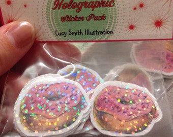 Cute Holographic Donut Stickers -Sparkly Colorful Pink Sweet-