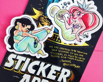 Cute Colorful Pinup Disney Princess Ariel Little Mermaid & Jasmine Aladdin Stickers