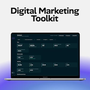 May include: A laptop displaying a dark-themed digital marketing dashboard with metrics for sales, revenue quality, and marketing performance. The text Digital Marketing Toolkit appears above the screen, which shows data points like total revenue of $40,017.