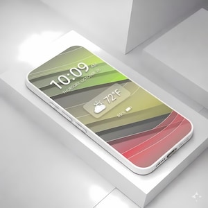Może przedstawiać: Biały smartfon wyświetla kolorowy abstrakcyjny wzór z odcieniami zieleni, żółci, szarości i czerwieni. Ekran pokazuje godzinę 10:09, czwartek, 26 października, oraz widget pogodowy z temperaturą 22°C i 89% baterii.