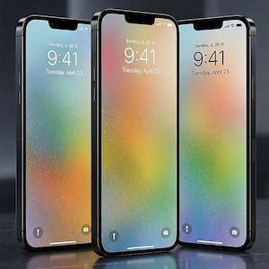 May include: Three black smartphones arranged in a row, each displaying a lock screen with a soft, multi-colored gradient background of green, yellow, and orange, featuring the time 9:41, the date Tuesday, April 23, and the text Bandory, JL 28 16.
