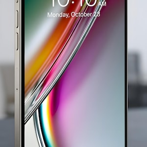 Może przedstawiać: Smartfon z metalową ramką i czarną obwódką wyświetlacza, pokazujący godzinę 10:10 AM oraz datę poniedziałek, 23 października. Ekran prezentuje żywą, abstrakcyjną tapetę z płynnymi przejściami kolorów zieleni, pomarańczu, fioletu i bieli.