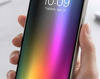 Tapeta na iPhone'a z tęczowym gradientem | Kolorowy neonowy ekran blokady | Estetyczne tło z pionowymi liniami | Pobieranie cyfrowe