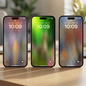 Könnte beinhalten: Drei Smartphones mit farbigen Gradienten-Hintergründen werden auf einer Holzoberfläche angezeigt. Jedes Telefon zeigt die Uhrzeit 10:09 Uhr am Sonntag, den 30. November an. Die Bildschirme zeigen einen roten, grünen und blauen Farbverlauf.