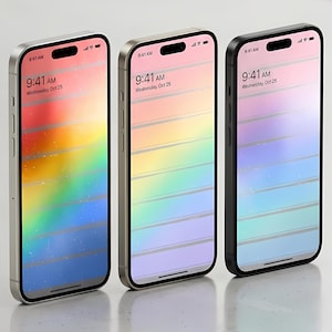 May include: Three smartphones displayed side-by-side, each featuring a vibrant, horizontal gradient wallpaper. The screens show the time 9:41 AM and the date Wednesday, Oct 25. The devices have metallic frames in silver, gold, and black finishes.