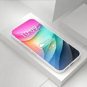 May include: A white smartphone with a colorful display showing the time as 10:09 AM, Thursday, October 26, and a weather icon indicating 72&deg;F. The phone is positioned on a white surface.