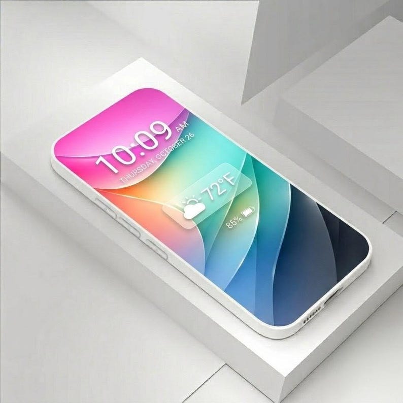 May include: A white smartphone with a colorful display showing the time as 10:09 AM, Thursday, October 26, and a weather icon indicating 72&deg;F. The phone is positioned on a white surface.
