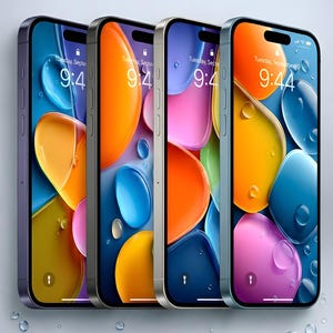 Könnte beinhalten: Vier Smartphones in einer Reihe, jedes mit einem lebendigen, abstrakten Hintergrundbild aus farbenfrohen, glänzenden, wassertropfenartigen Formen in Orange, Blau, Pink und Gelb. Die Bildschirme zeigen die Uhrzeit 9:44 und ein Schloss-Symbol.