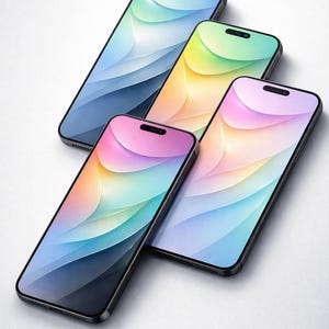 May include: Four smartphones with black bezels and colorful, abstract gradient wallpapers. The screens display shades of blue, green, yellow, pink, and purple. The phones are angled and arranged on a white surface.