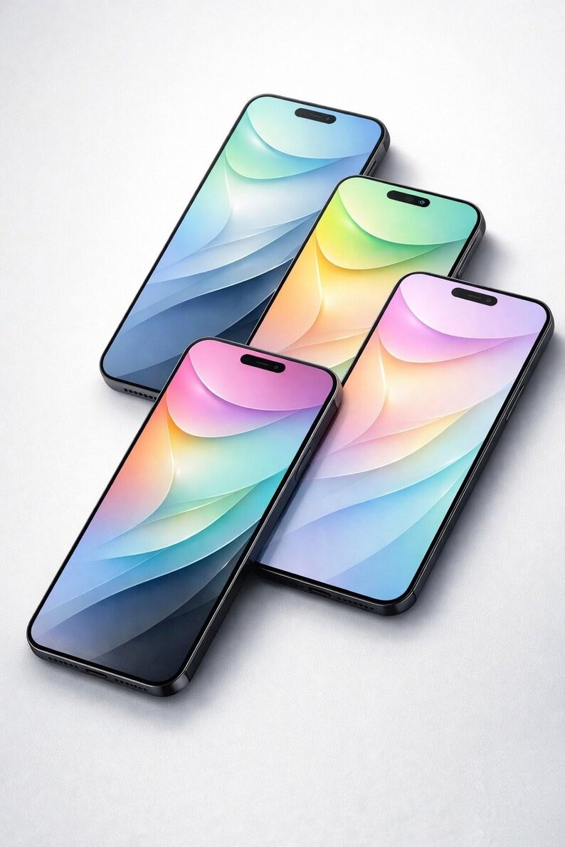 May include: Four smartphones with black bezels and colorful, abstract gradient wallpapers. The screens display shades of blue, green, yellow, pink, and purple. The phones are angled and arranged on a white surface.
