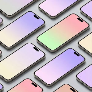 May include: A collection of smartphones with screens displaying a gradient of colours, such as pink, green, and purple. The phones have a modern design with a silver frame and a black camera cutout. The phones are arranged in a repeating pattern.