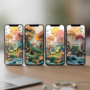 以下が含まれることがあります： 鹿、木、太陽のある自然の風景を表示する4つのスマートフォン。画面には、ピンクとオレンジの木、黄色い太陽、鳥のあるカラフルな風景が表示されます。電話は、ラップトップとイヤホンを備えた木製の表面にあります。