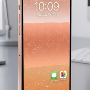 May include: A rose gold smartphone shows the time 10:09 AM, Tuesday, Oct 24, with app icons for Messages, Photos, and others. The phone has a screen with a peach-coloured gradient.