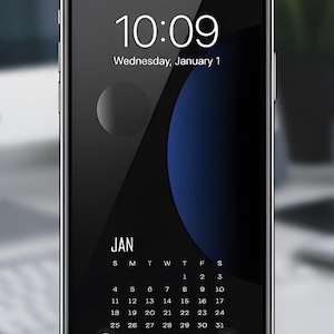 Könnte beinhalten: Ein Smartphone zeigt ein dunkles Hintergrundbild mit einem Januar-Kalender. Die Uhrzeit ist 10:09 Uhr am Mittwoch, 1. Januar. Der Bildschirm zeigt ein dunkelblaues und schwarzes Design mit einem Kalender.