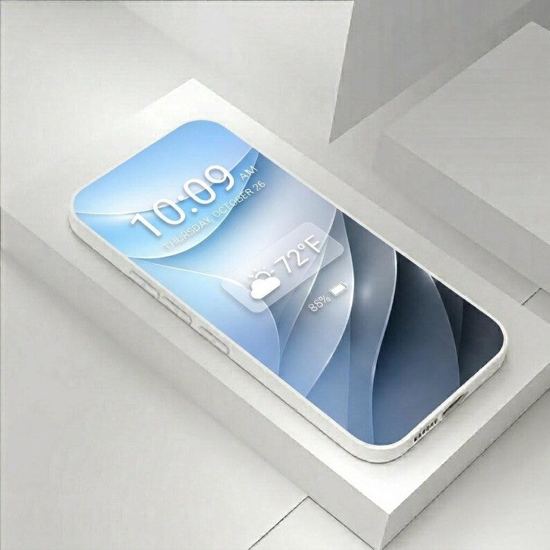 May include: A white smartphone with a blue and white screen displaying the time 10:09 AM, Thursday October 26, and the weather at 72&deg;F. The phone is resting on a white surface.