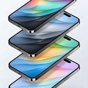 May include: Four smartphones stacked diagonally, each displaying a different colorful gradient on the screen. The phones have black bezels and a sleek, modern design. The screens showcase a range of hues, including pink, blue, green, and yellow.