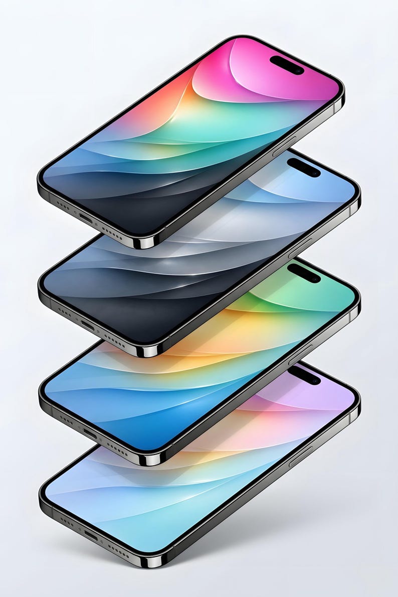 May include: Four smartphones stacked diagonally, each displaying a different colorful gradient on the screen. The phones have black bezels and a sleek, modern design. The screens showcase a range of hues, including pink, blue, green, and yellow.