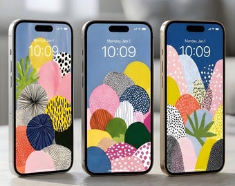 Zestaw abstrakcyjnych tapet na telefon | Kolorowa, nowoczesna tapeta na iPhone'a i Androida | Skandynawskie abstrakcyjne tło | Pobieranie cyfrowe