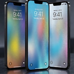 Könnte beinhalten: Drei schwarze Smartphones mit farbigen Gradienten-Hintergründen werden gezeigt. Jeder Bildschirm zeigt die Uhrzeit 9:41 Uhr an, mit Datum und Wochentag. Die Telefone haben ein schlankes, modernes Design.