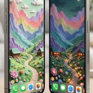 Pastellfärgad bergsby-telefonbakgrund, mysig stuga-bakgrund, fantasilandskap, söt natur-bakgrund, digital nedladdning