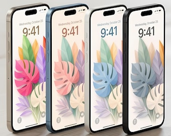 Zestaw 4 tapet na iPhone'a z tropikalnymi liśćmi | Pastelowe | Tło telefonu, Minimalistyczna tapeta kwiatowa, Pobieranie cyfrowe