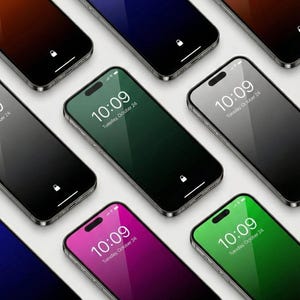 May include: A collection of smartphones with various gradient-colored screens, including green, blue, orange, and purple. Each phone displays the time "10:09" and the date "Tuesday, October 24" on the screen, with a lock icon.