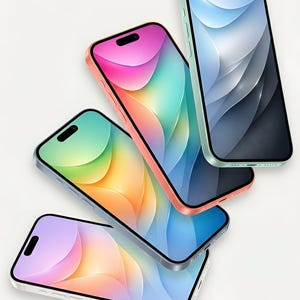 May include: Four smartphones with colorful screens and cases. The phones have a sleek design with rounded corners and a black bar at the top. The cases are in shades of pink, green, blue, and silver.