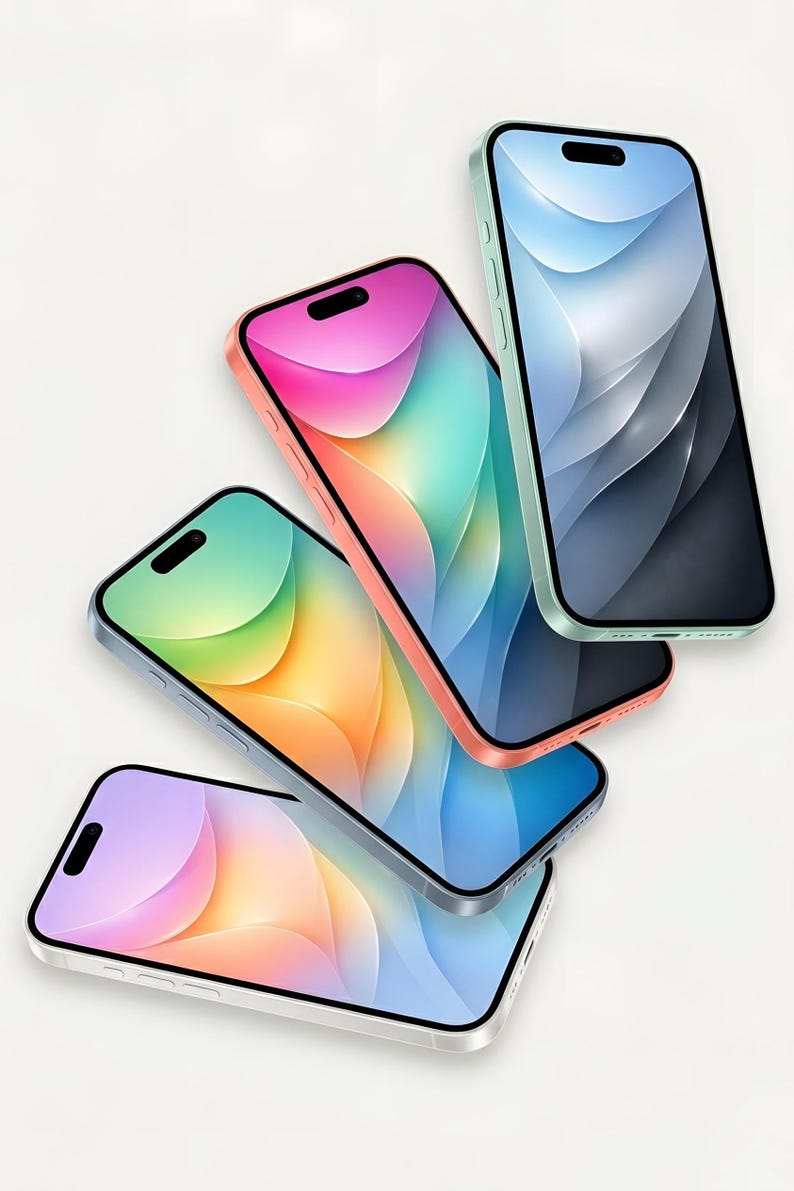 May include: Four smartphones with colorful screens and cases. The phones have a sleek design with rounded corners and a black bar at the top. The cases are in shades of pink, green, blue, and silver.