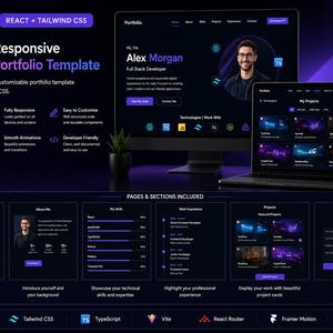 Puede incluir: Una plantilla de portafolio para desarrolladores con tema oscuro, responsiva y construida con React y Tailwind CSS. Muestra una secci&oacute;n principal, tarjetas de proyectos, barras de habilidades y un formulario de contacto en pantallas de escritorio y m&oacute;vil.