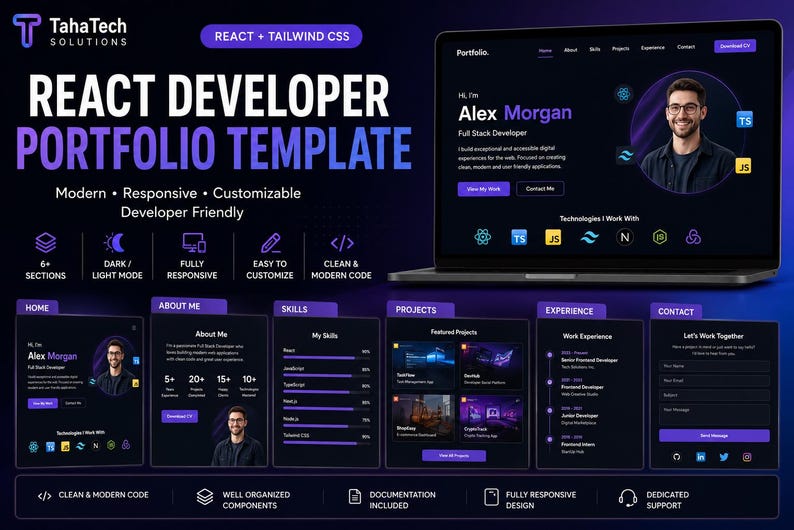 Puede incluir: Una plantilla de portafolio para desarrollador React mostrada en una pantalla de port&aacute;til y en secciones separadas que incluyen Inicio, Sobre m&iacute;, Habilidades, Proyectos, Experiencia y Contacto. El dise&ntilde;o tiene un tema oscuro con acentos morados.