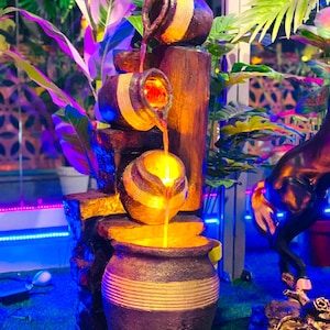Handcrafted Fiberglass Water Fountain - Indoor Outdoor Garden Decor - LED Lighted Waterfall - Unique Home and Patio Water Feature