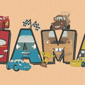 May include: Embroidered design spelling "MAMA" with characters from the movie Cars. The letter "M" is red with Lightning McQueen on top. The letter "A" is blue with a blue car. The second "M" is brown with Mater on top, and the last "A" is yellow with a yellow car.