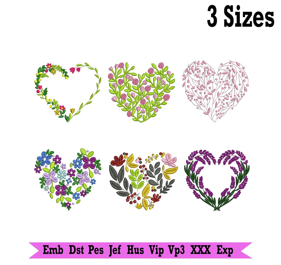 Floral Heart Embroidery Design Bundle - 6 Romantic Flower & Lavender ...