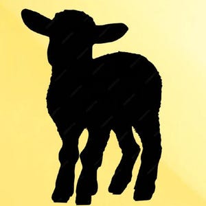 May include: A black silhouette of a lamb standing on a yellow background. The lamb is facing to the side, with its ears perked up. The image is a simple, yet elegant design.