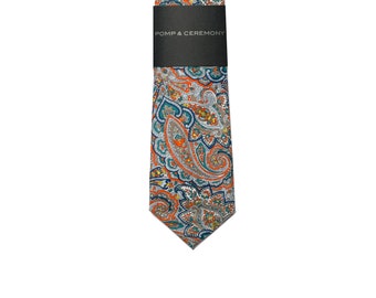 SALE Mens tie, Liberty print, Tessa, cotton tie, Liberty of London, paisley, blue, orange, cream, Groom tie, floral, grooms gift