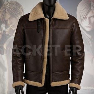 Leon Kennedy Jacket | Brown Shearling Leather Bomber Jacket | Cosplay Evil 4 Game Costume