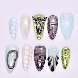 Angel Chrome Press On Nails · Futuristic 3D Design with Silver Sculpted Details · Limited Edition