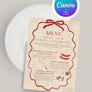 May include: A menu card with a red border and bow, listing menu options for a graduation celebration. The menu includes pasta carbonara, chicken spinach mushroom pasta, and signature sausage and walnut pasta. The Canva logo is in the top right.