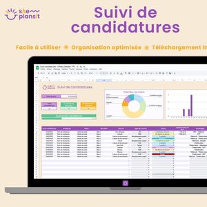 Op de afbeelding: Een laptopscherm dat een Google Sheets-spreadsheet toont met de titel "Suivi de candidatures" en een grafiek die de verdeling van de status van kandidaten laat zien. De spreadsheet bevat kolommen voor de naam van de kandidaat, de datum van sollicitatie, de functietitel en andere relevante informatie. De spreadsheet is ontworpen om te helpen bij het bijhouden en beheren van sollicitaties.