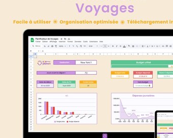 May include: A laptop computer screen displaying a Google Sheets spreadsheet with a travel budget planner template. The spreadsheet includes a chart showing daily expenses, a budget breakdown, and a section for detailed budget information. The spreadsheet is titled "Planificateur Voyages" and includes the text "Facile à utiliser", "Organisation optimisée", and "Téléchargement instantané".