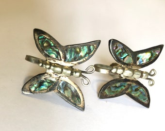 Vintage Mexican Abalone and Sterling Silver Butterfly Earrings