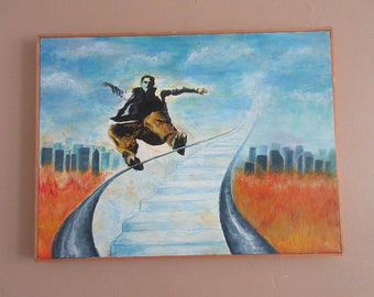 Rollerblader Sliding down a Railing - Original Painting