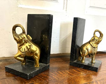 Brutalist Brass and Marble Elephant Bookends