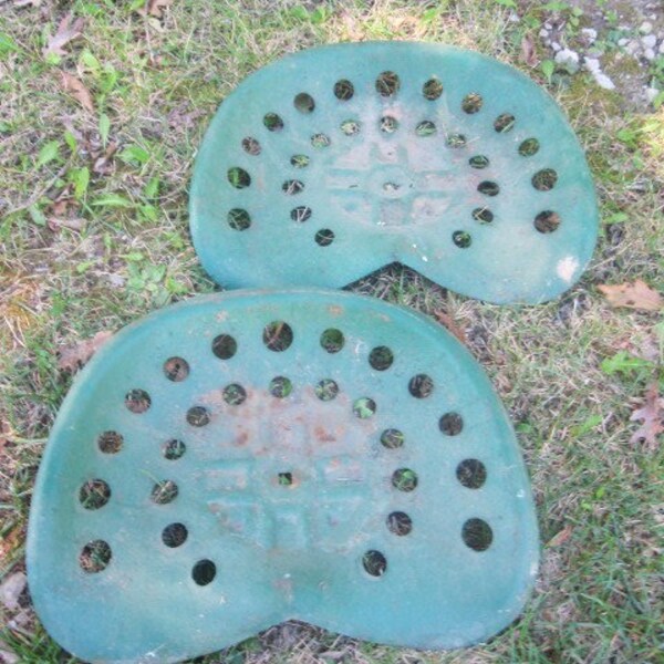 Pair of Old Metal Green Tractor Seats