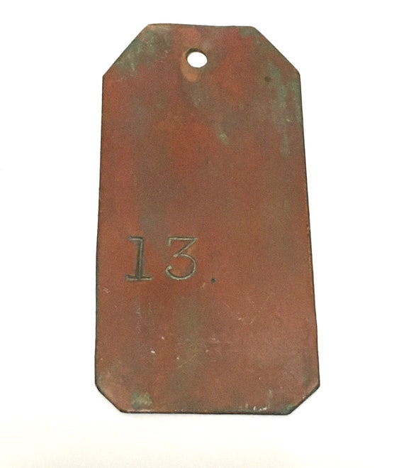 Lucky Number 13 - Super Unusual Old Copper Cow Tag - image 1