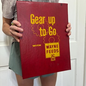 May include: A red box with the text "Gear up to Go" in yellow, along with the words "Wayne Feeds". The box is held by a person wearing a gray t-shirt and green shorts.